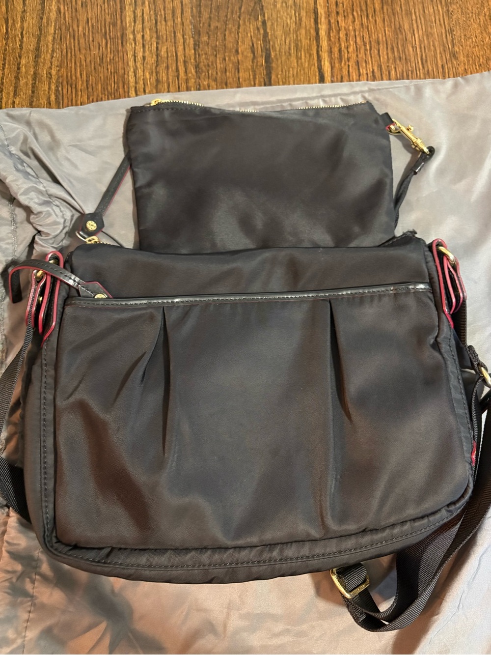 MZ Wallace Black Nylon Crossbody with Gold Hardware and Red Trim - Picture 7 of 8